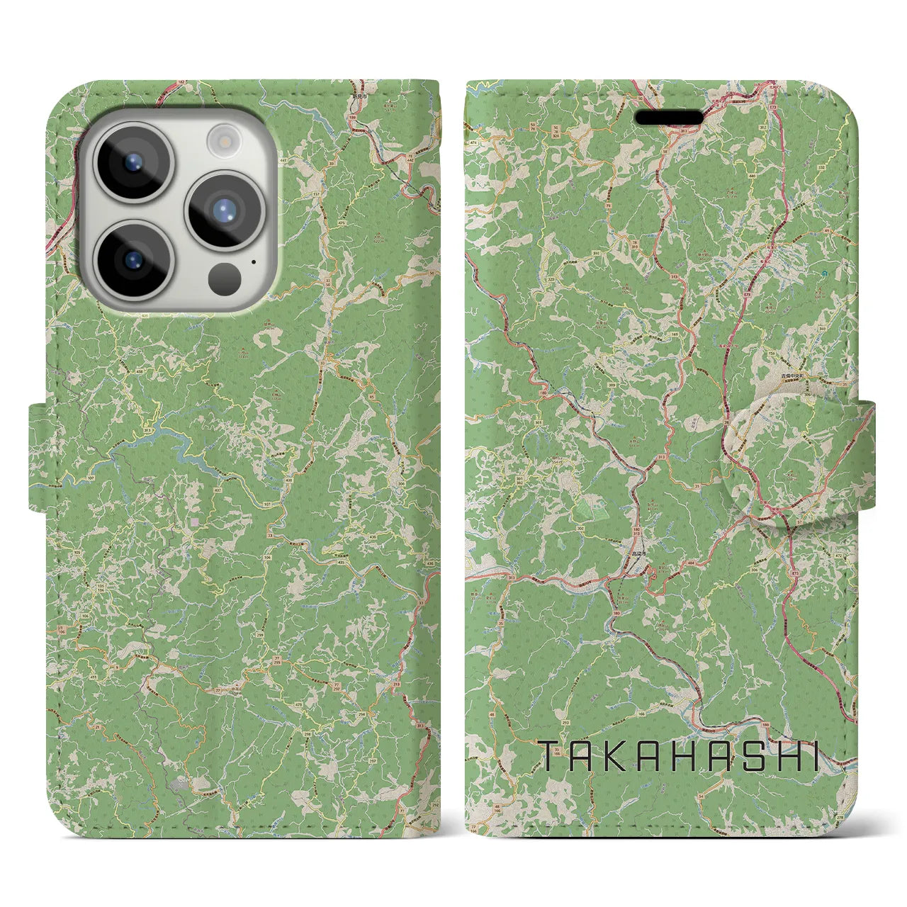 【高梁(岡山県)】地図柄iPhoneケース(手帳タイプ)ナチュラル・iPhone 15 Pro 用
