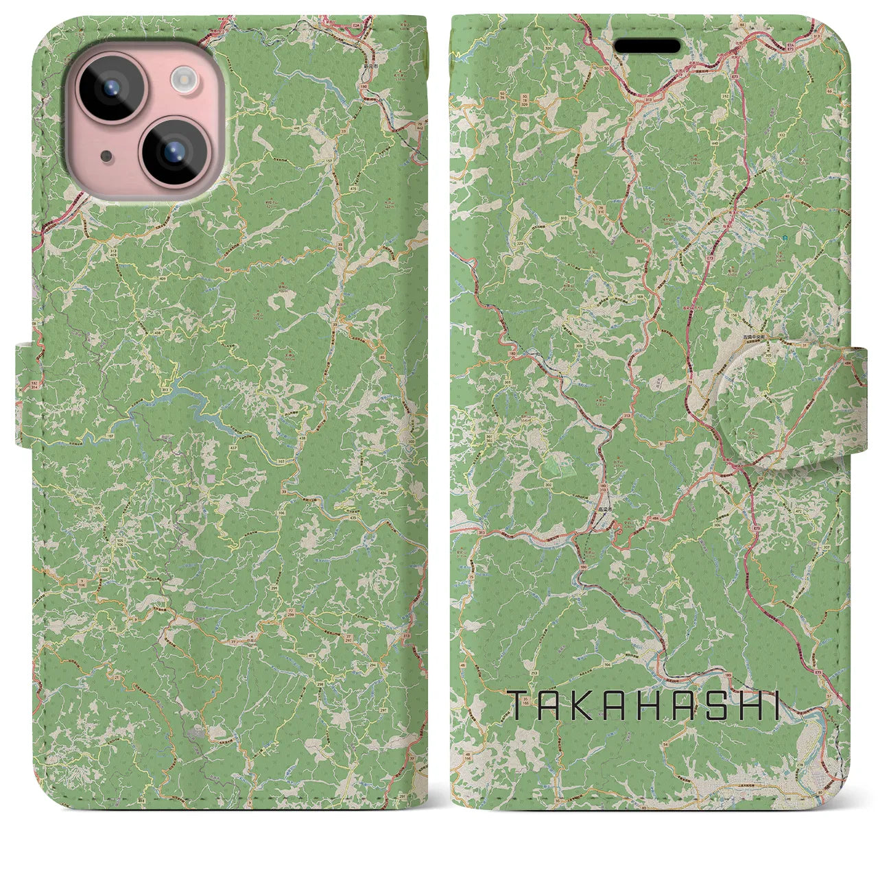 【高梁(岡山県)】地図柄iPhoneケース(手帳タイプ)ナチュラル・iPhone 15 Plus 用