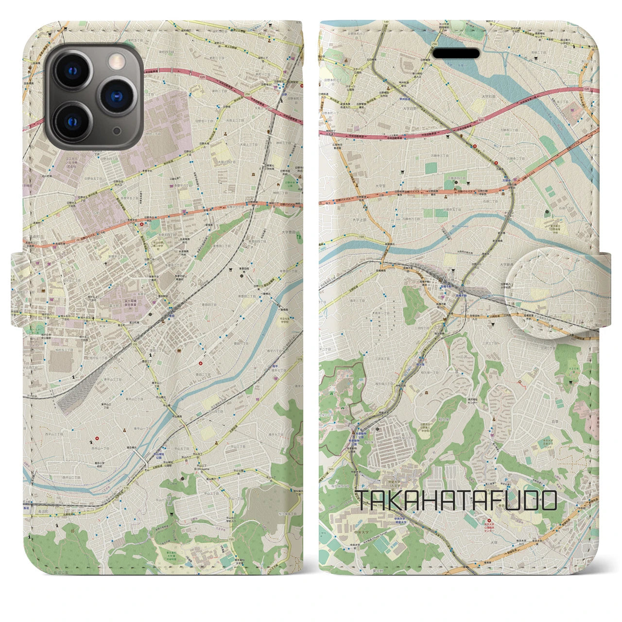 【高幡不動(東京都)】地図柄iPhoneケース(手帳タイプ)ナチュラル・iPhone 11 Pro Max 用