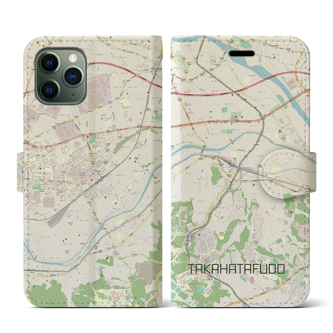 【高幡不動(東京都)】地図柄iPhoneケース(手帳タイプ)ナチュラル・iPhone 11 Pro 用