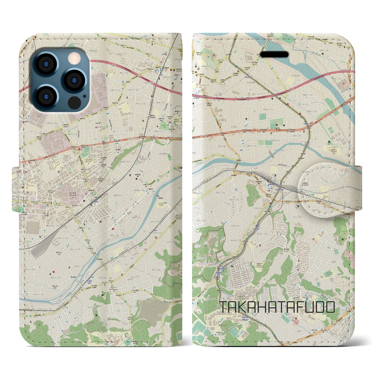 【高幡不動(東京都)】地図柄iPhoneケース(手帳タイプ)ナチュラル・iPhone 12 / 12 Pro 用