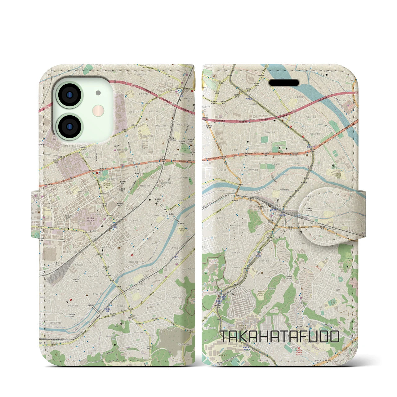 【高幡不動(東京都)】地図柄iPhoneケース(手帳タイプ)ナチュラル・iPhone 12 mini 用