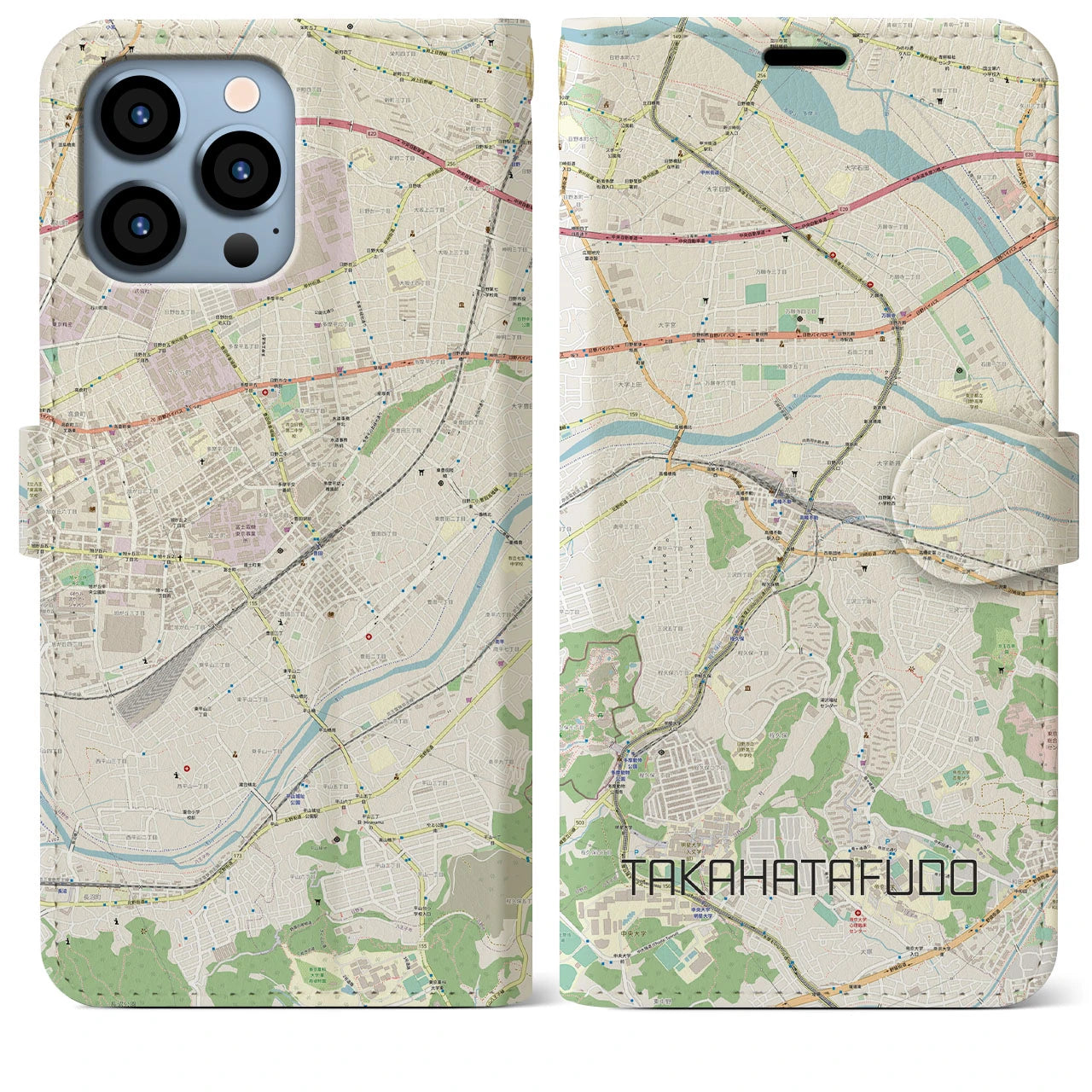 【高幡不動(東京都)】地図柄iPhoneケース(手帳タイプ)ナチュラル・iPhone 13 Pro Max 用