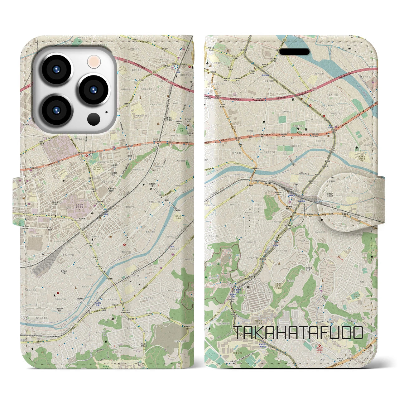 【高幡不動(東京都)】地図柄iPhoneケース(手帳タイプ)ナチュラル・iPhone 13 Pro 用