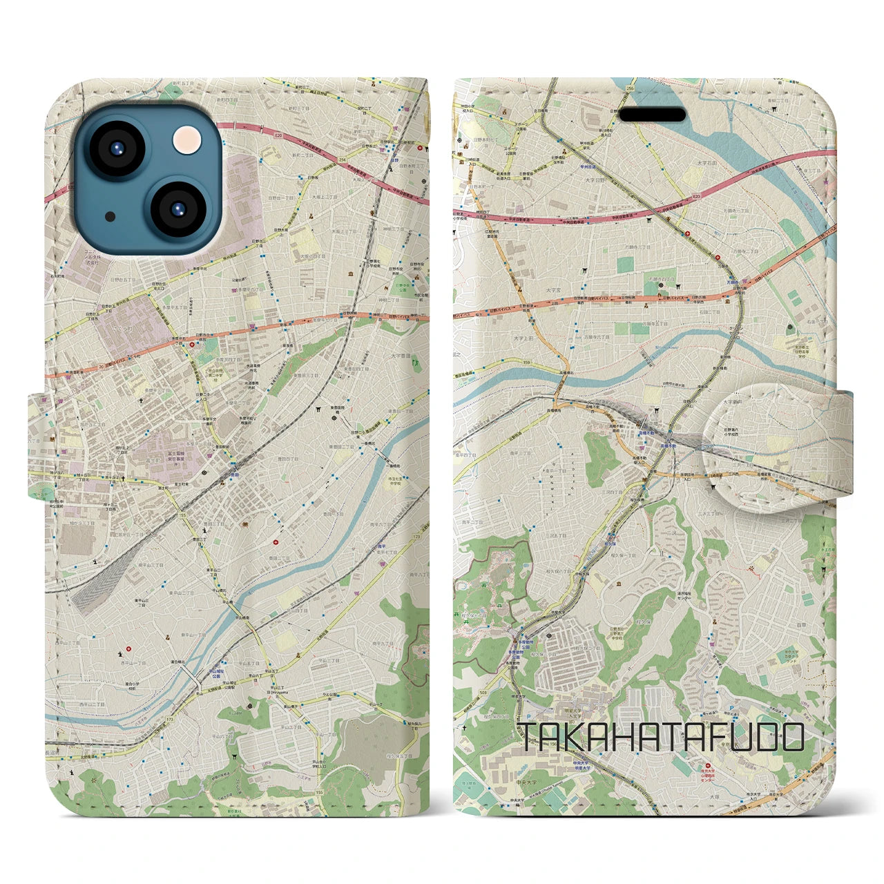 【高幡不動(東京都)】地図柄iPhoneケース(手帳タイプ)ナチュラル・iPhone 13 用