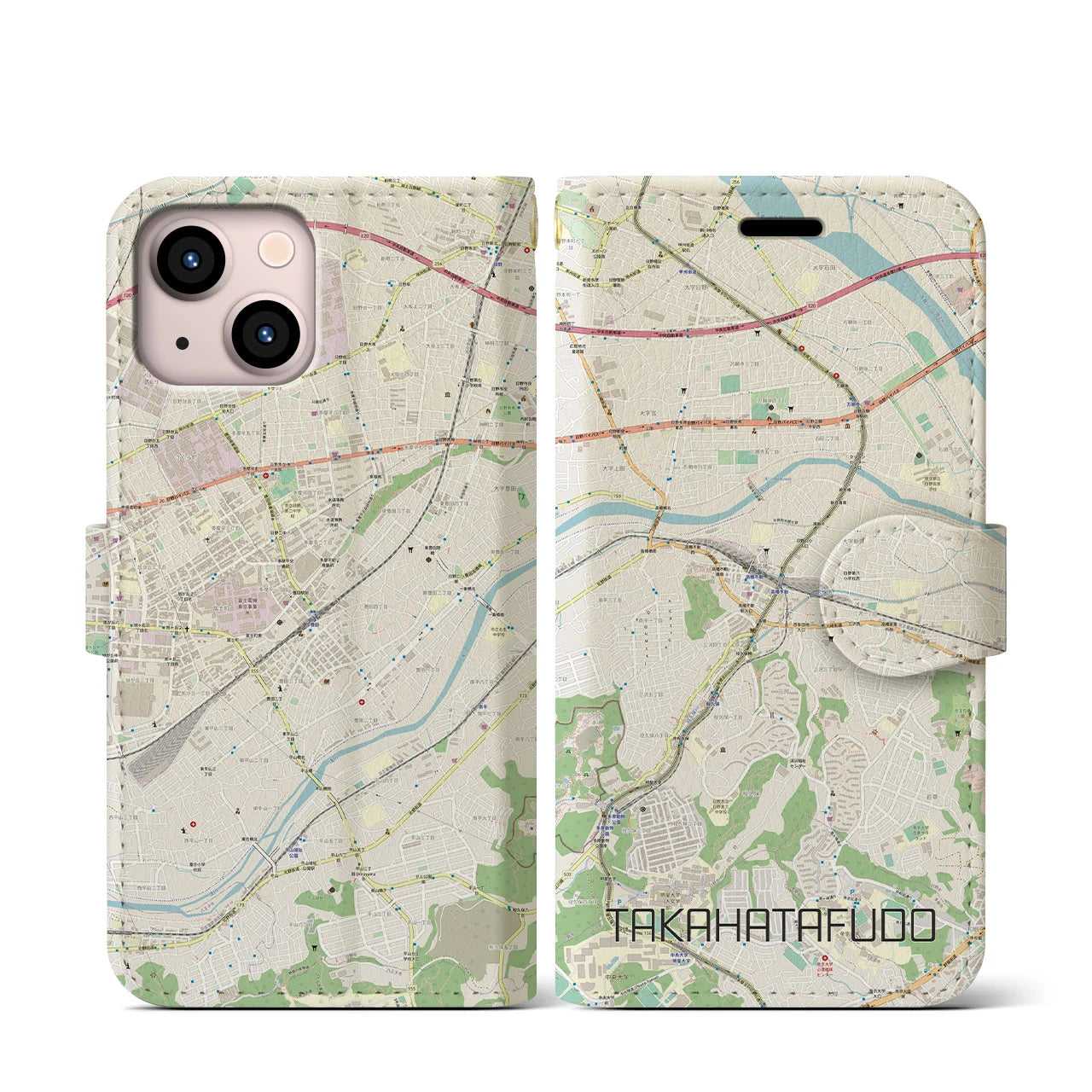 【高幡不動(東京都)】地図柄iPhoneケース(手帳タイプ)ナチュラル・iPhone 13 mini 用