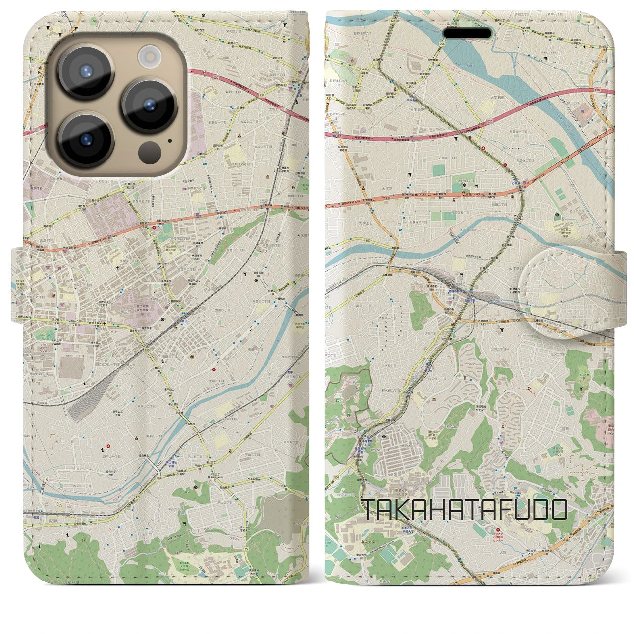 【高幡不動(東京都)】地図柄iPhoneケース(手帳タイプ)ナチュラル・iPhone 14 Pro Max 用