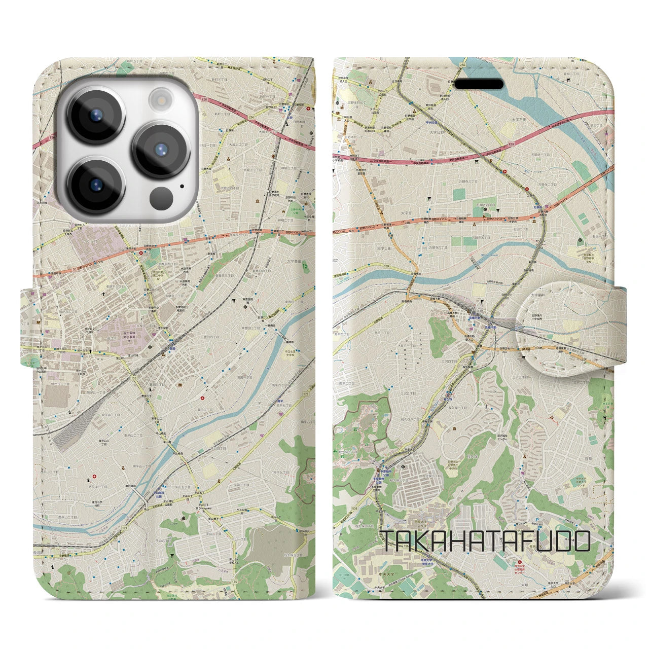 【高幡不動(東京都)】地図柄iPhoneケース(手帳タイプ)ナチュラル・iPhone 14 Pro 用
