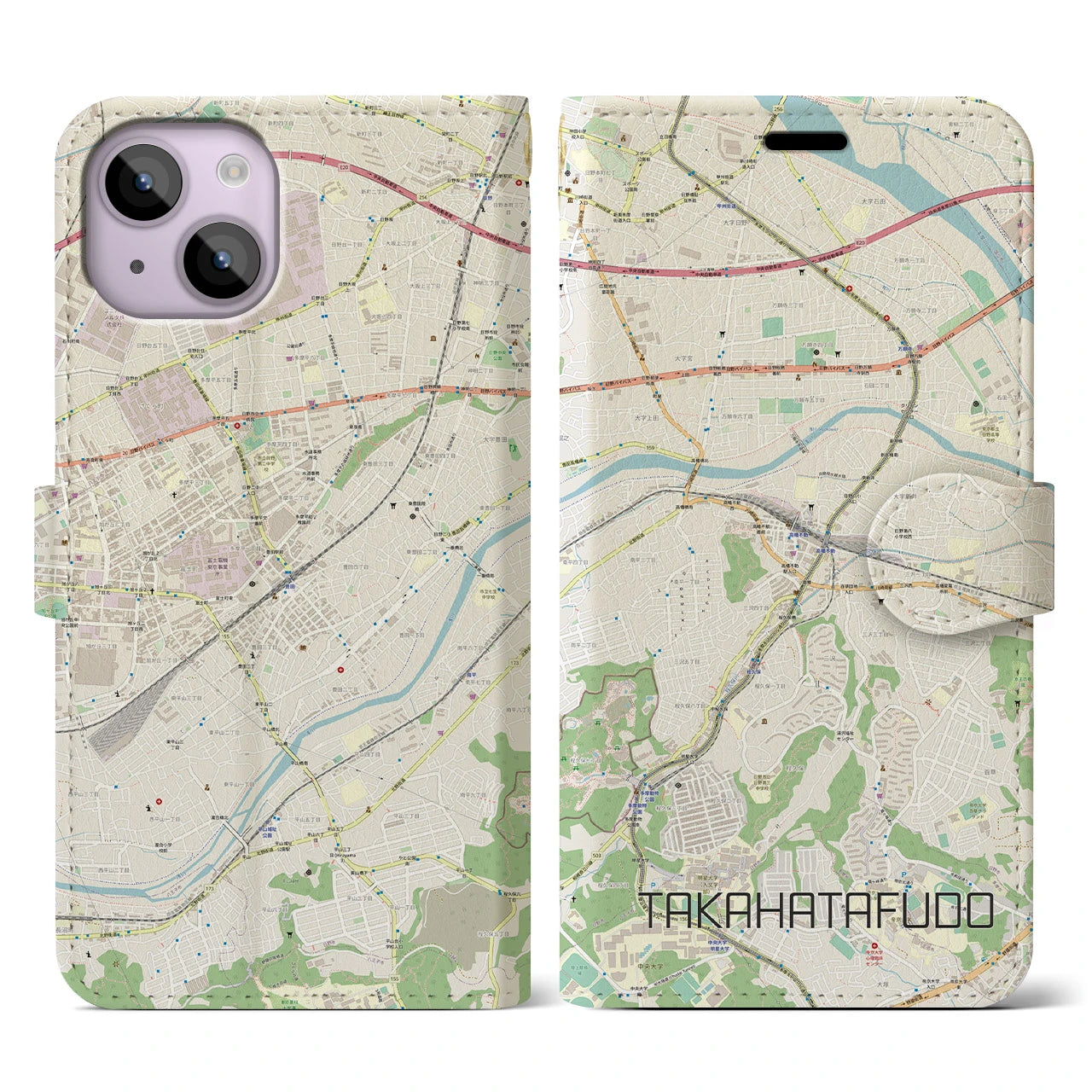 【高幡不動(東京都)】地図柄iPhoneケース(手帳タイプ)ナチュラル・iPhone 14 用
