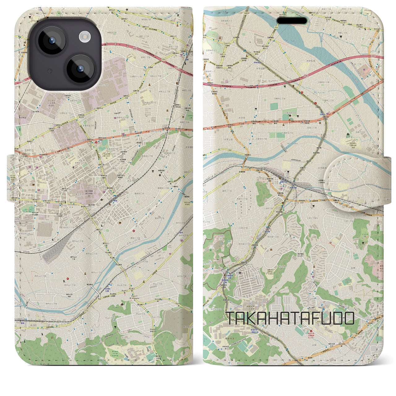 【高幡不動(東京都)】地図柄iPhoneケース(手帳タイプ)ナチュラル・iPhone 14 Plus 用