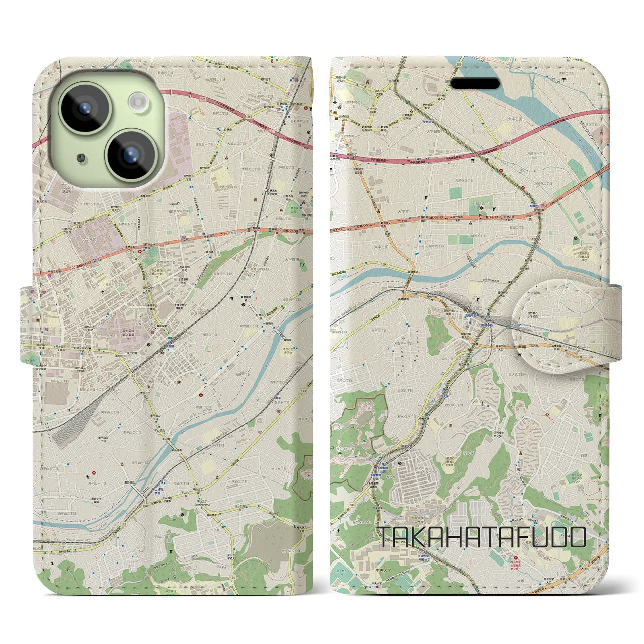【高幡不動(東京都)】地図柄iPhoneケース(手帳タイプ)ナチュラル・iPhone 15 用