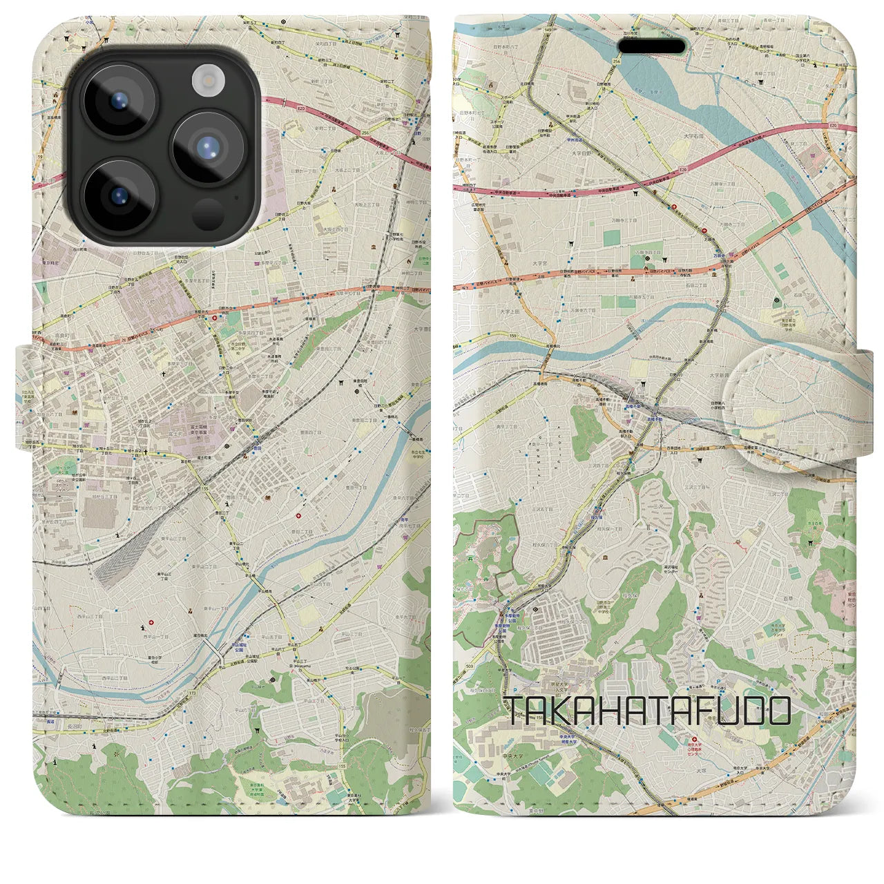 【高幡不動(東京都)】地図柄iPhoneケース(手帳タイプ)ナチュラル・iPhone 15 Pro Max 用
