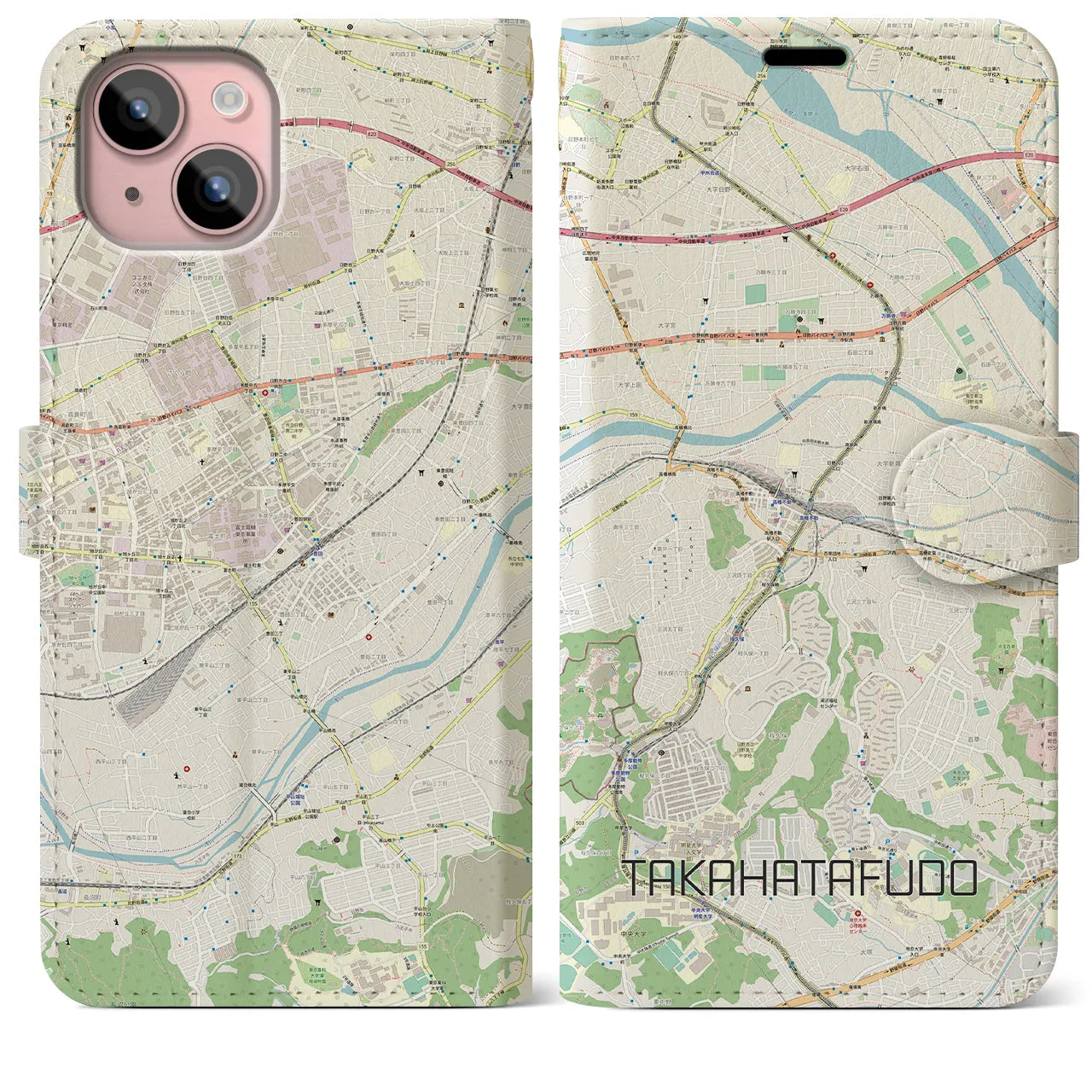 【高幡不動(東京都)】地図柄iPhoneケース(手帳タイプ)ナチュラル・iPhone 15 Plus 用