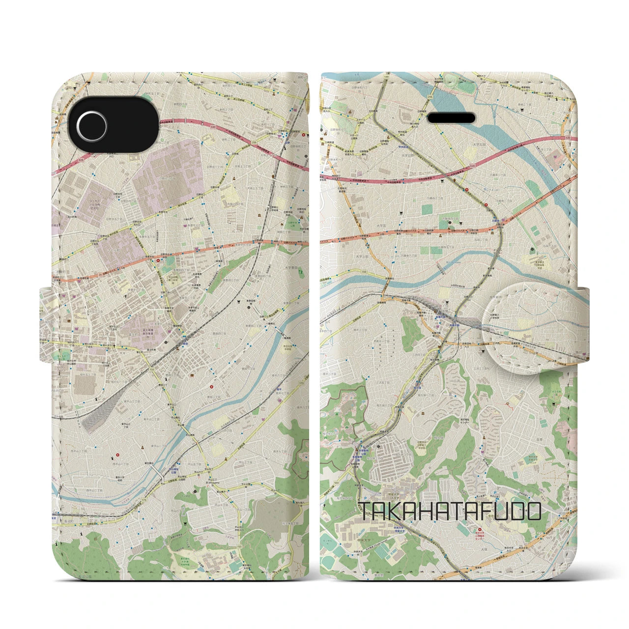 【高幡不動(東京都)】地図柄iPhoneケース(手帳タイプ)ナチュラル・iPhone SE(第3 / 第2世代) / 8 / 7 / 6s / 6 用