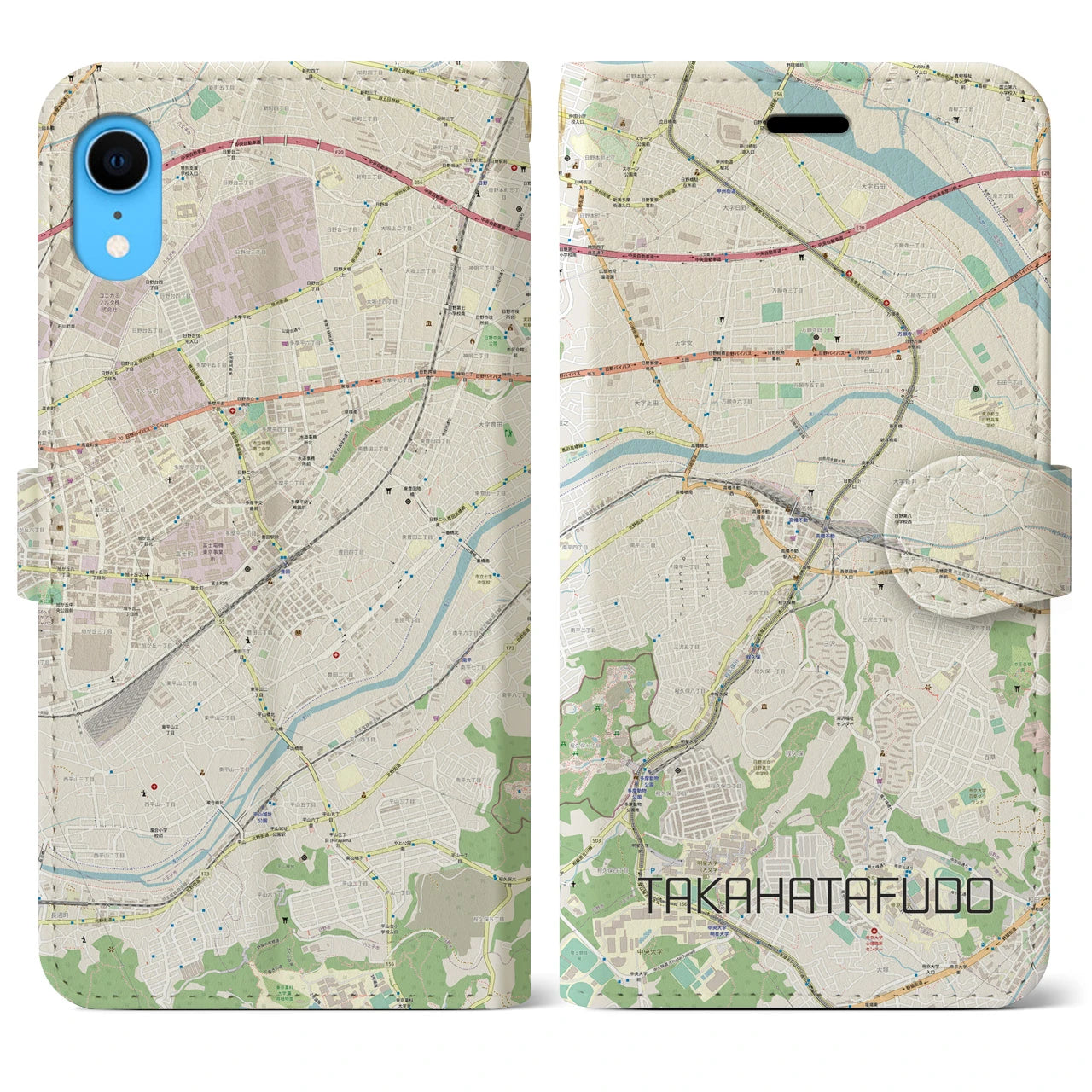【高幡不動(東京都)】地図柄iPhoneケース(手帳タイプ)ナチュラル・iPhone XR 用