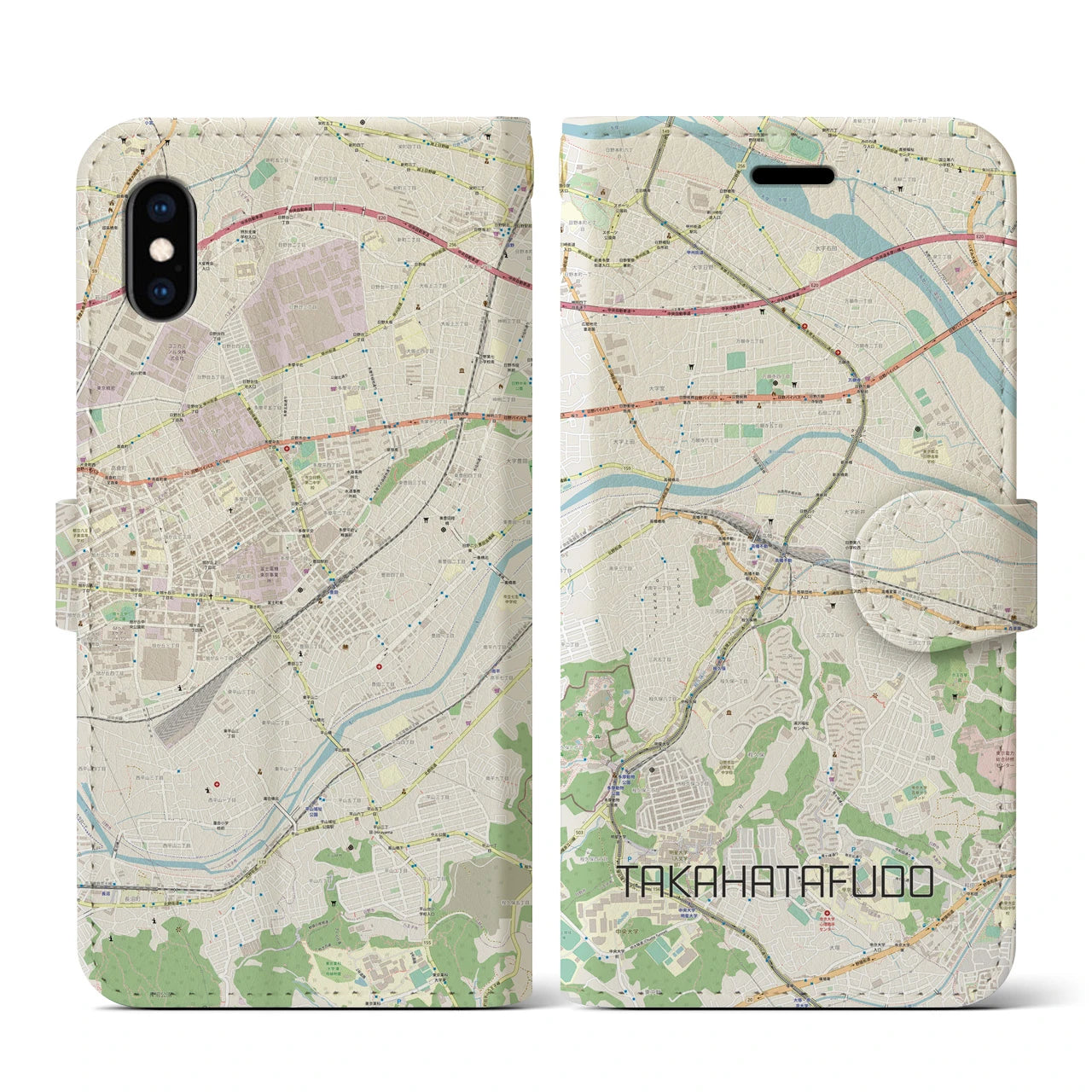 【高幡不動(東京都)】地図柄iPhoneケース(手帳タイプ)ナチュラル・iPhone XS / X 用