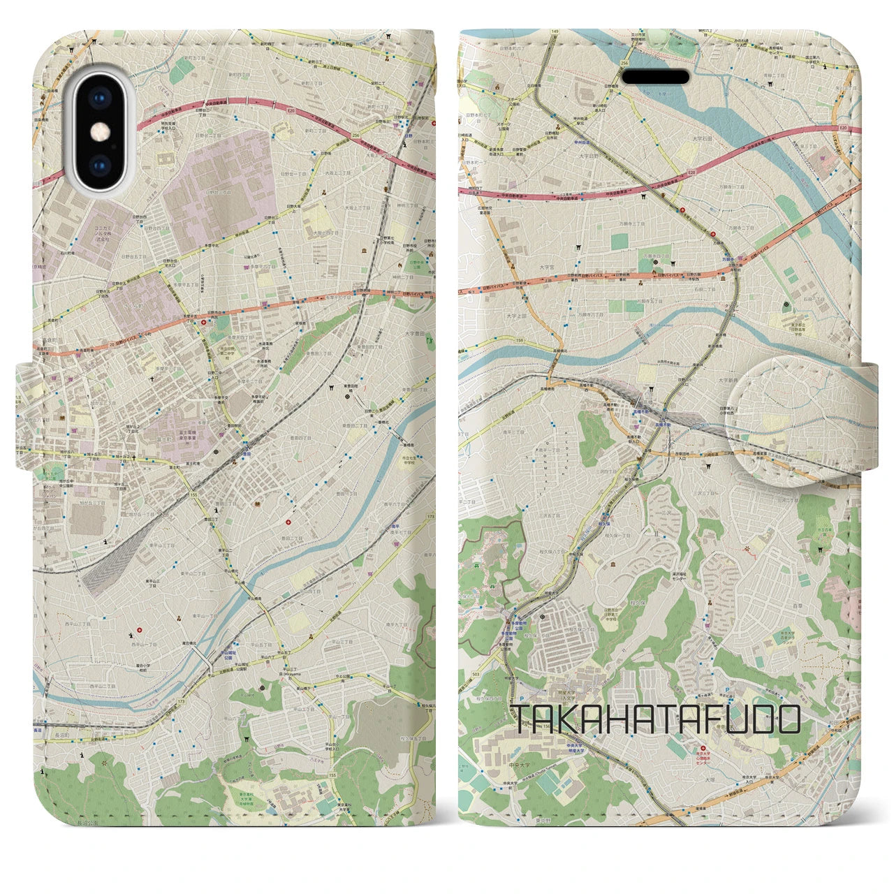 【高幡不動(東京都)】地図柄iPhoneケース(手帳タイプ)ナチュラル・iPhone XS Max 用