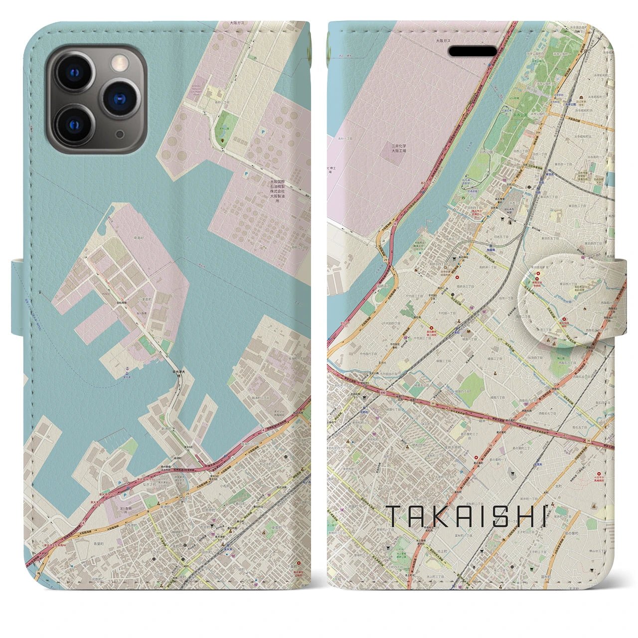 【高石(大阪府)】地図柄iPhoneケース(手帳タイプ)ナチュラル・iPhone 11 Pro Max 用
