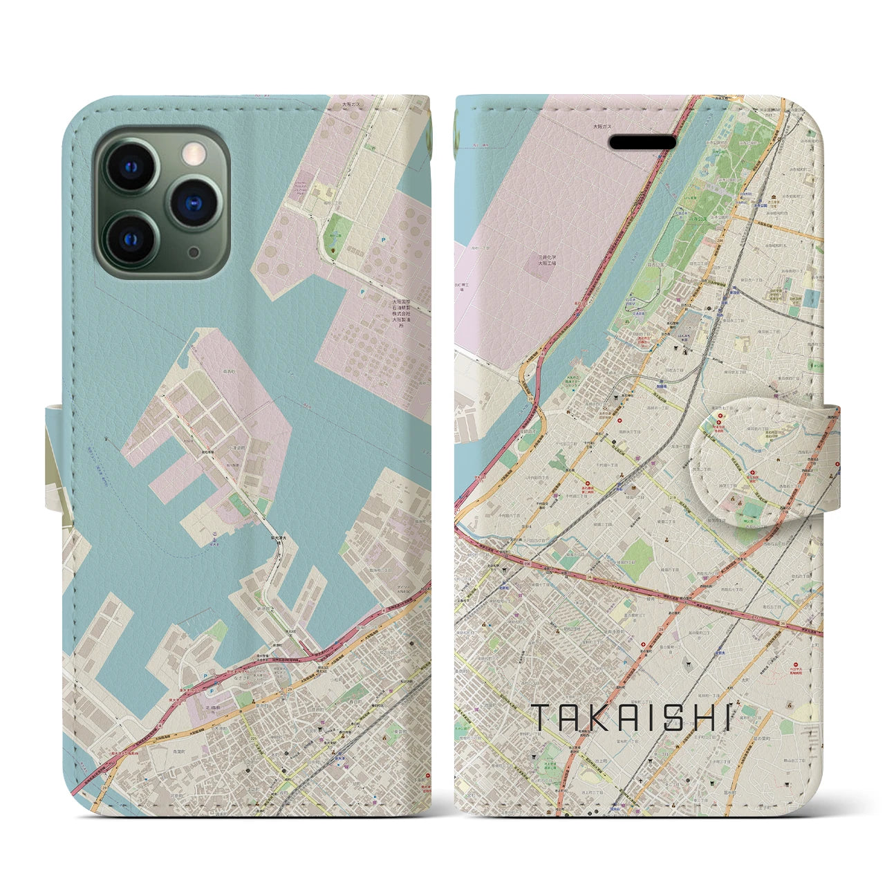 【高石(大阪府)】地図柄iPhoneケース(手帳タイプ)ナチュラル・iPhone 11 Pro 用