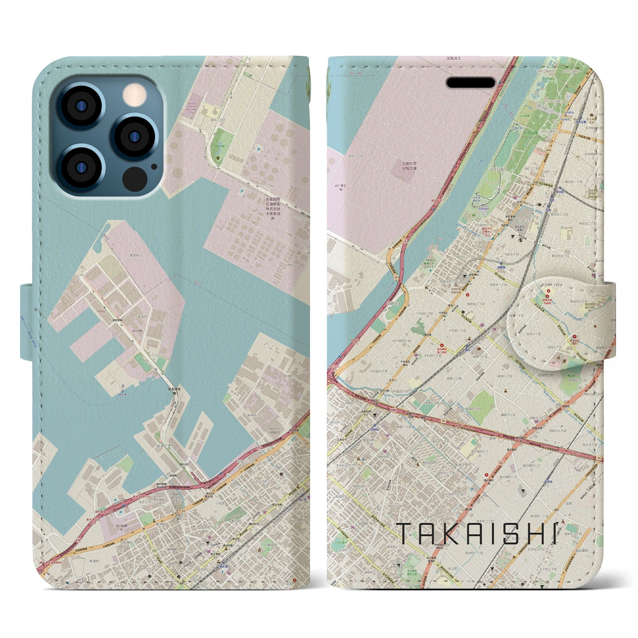 【高石(大阪府)】地図柄iPhoneケース(手帳タイプ)ナチュラル・iPhone 12 / 12 Pro 用