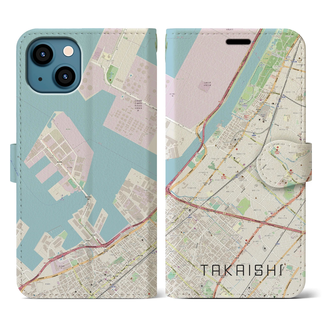 【高石(大阪府)】地図柄iPhoneケース(手帳タイプ)ナチュラル・iPhone 13 用