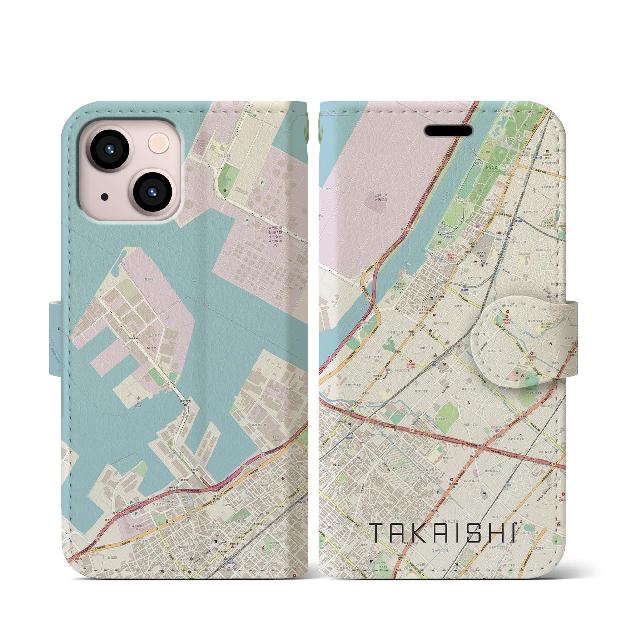 【高石(大阪府)】地図柄iPhoneケース(手帳タイプ)ナチュラル・iPhone 13 mini 用