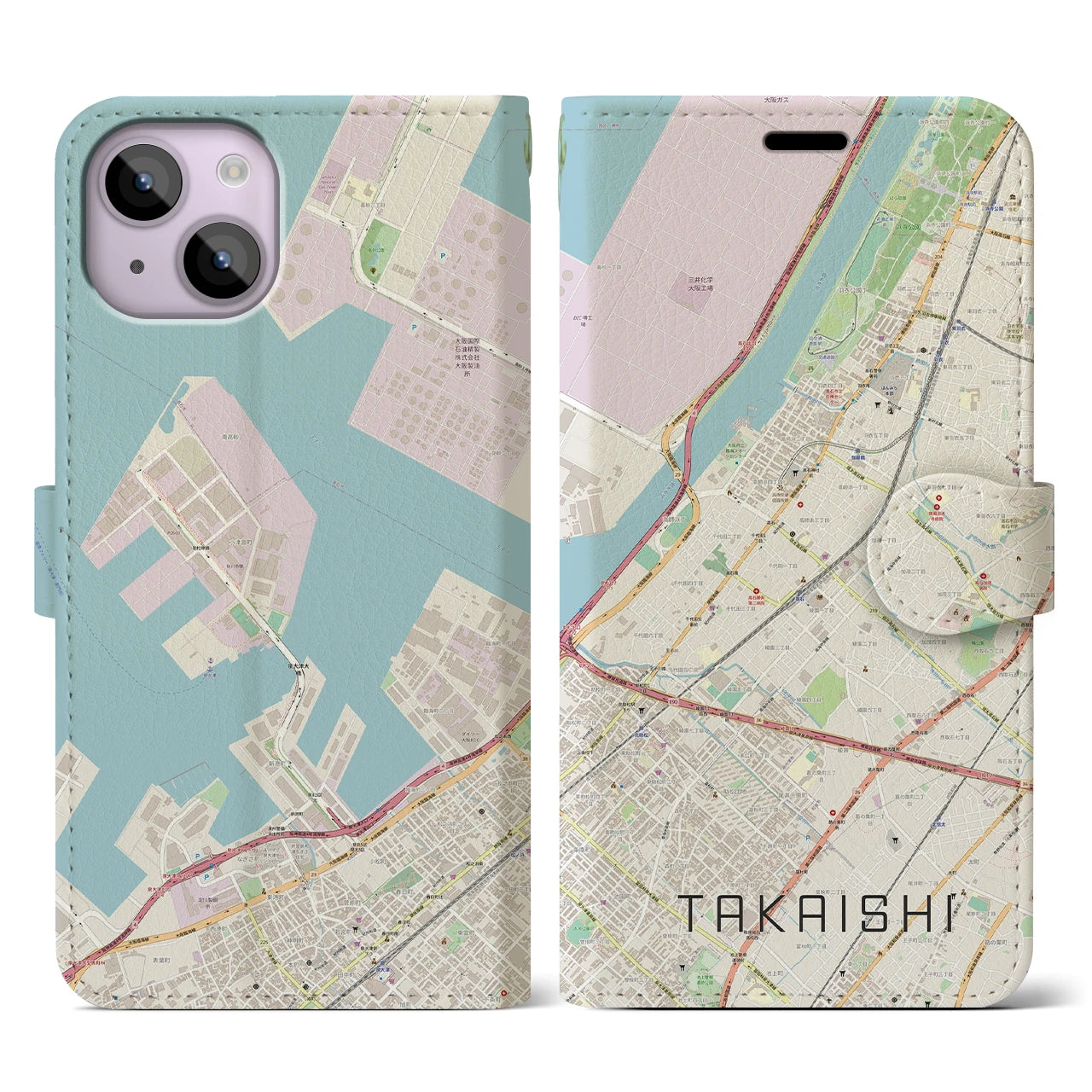 【高石(大阪府)】地図柄iPhoneケース(手帳タイプ)ナチュラル・iPhone 14 用