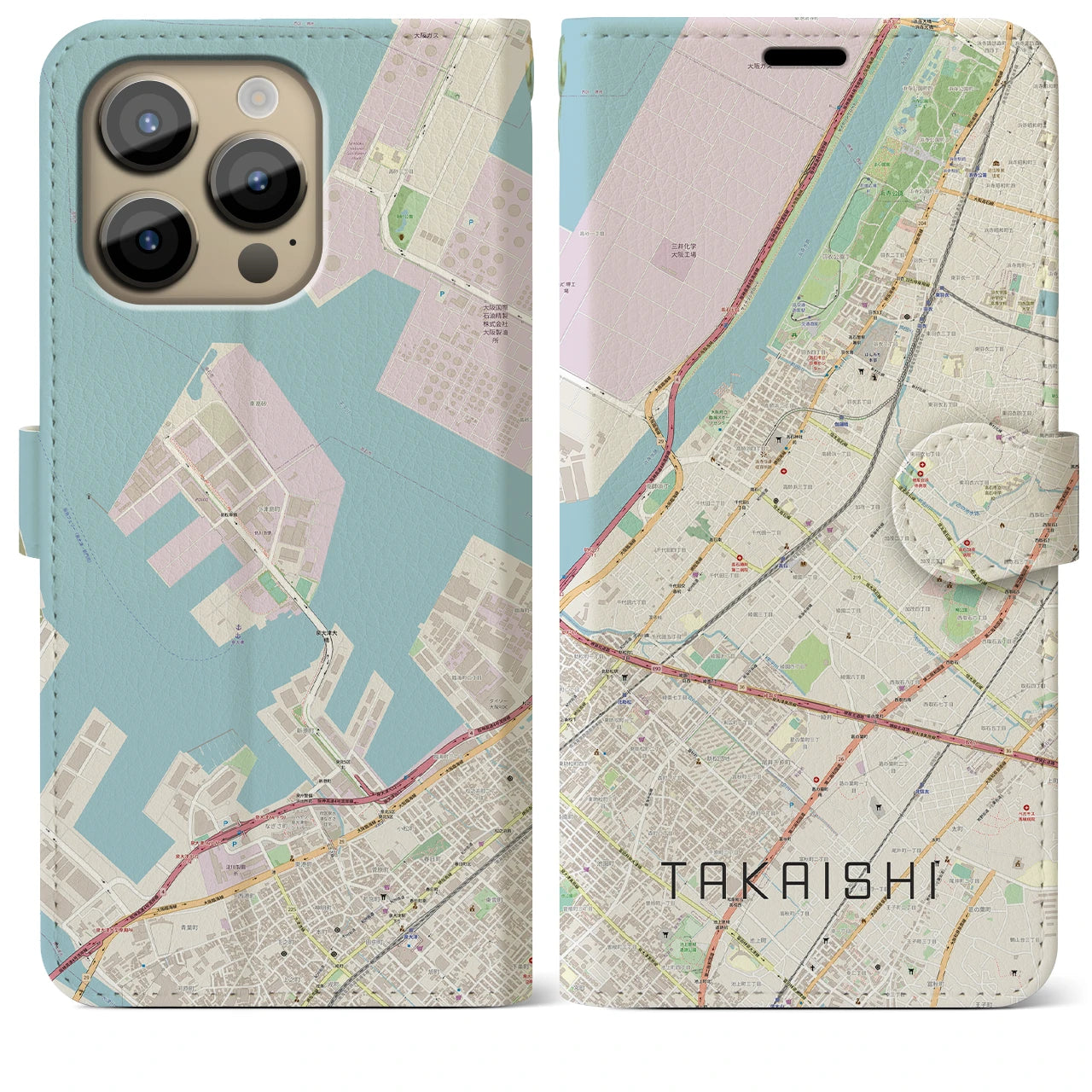 【高石(大阪府)】地図柄iPhoneケース(手帳タイプ)ナチュラル・iPhone 14 Pro Max 用