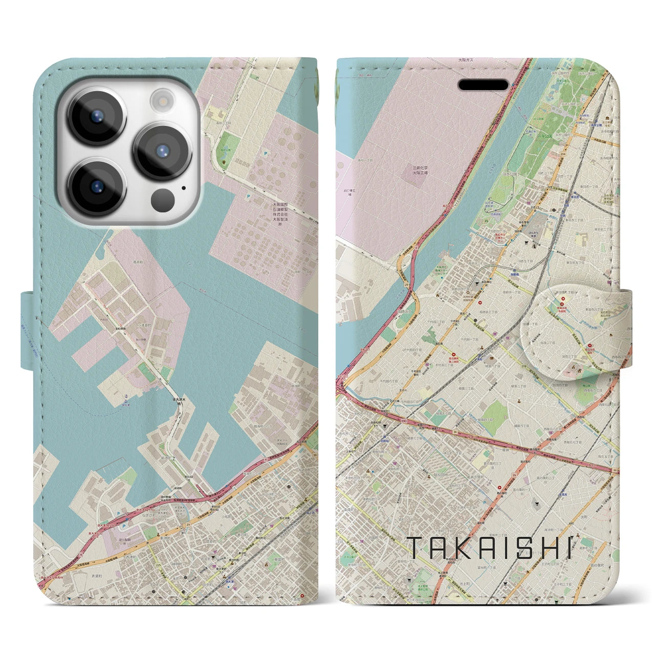 【高石(大阪府)】地図柄iPhoneケース(手帳タイプ)ナチュラル・iPhone 14 Pro 用