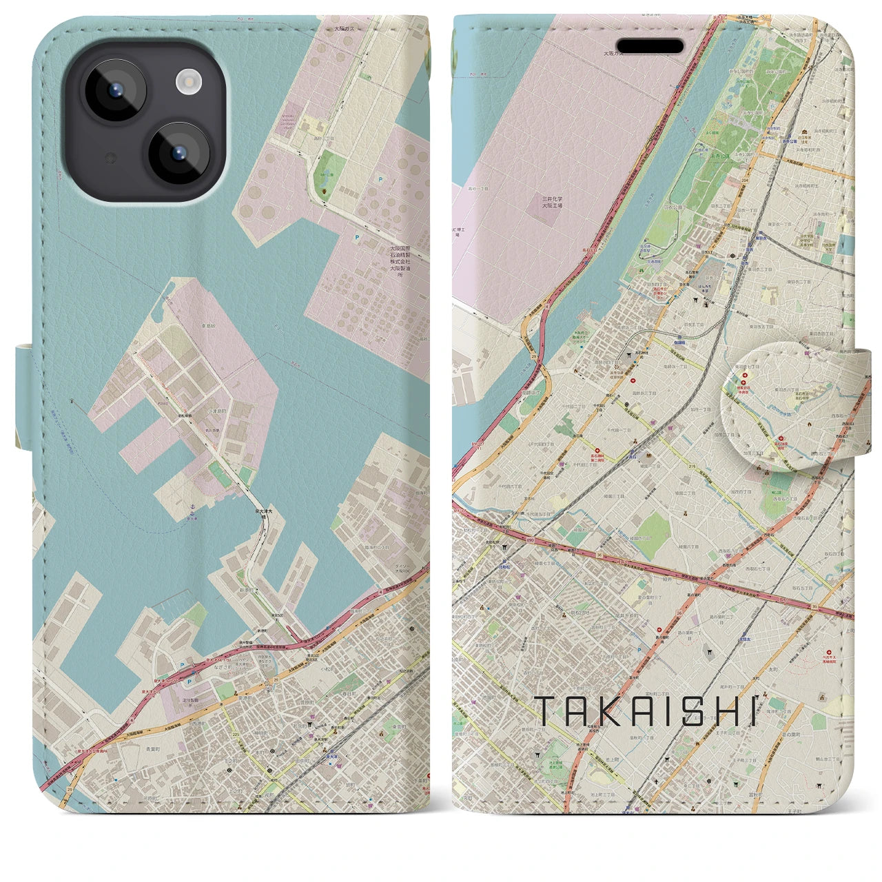 【高石(大阪府)】地図柄iPhoneケース(手帳タイプ)ナチュラル・iPhone 14 Plus 用