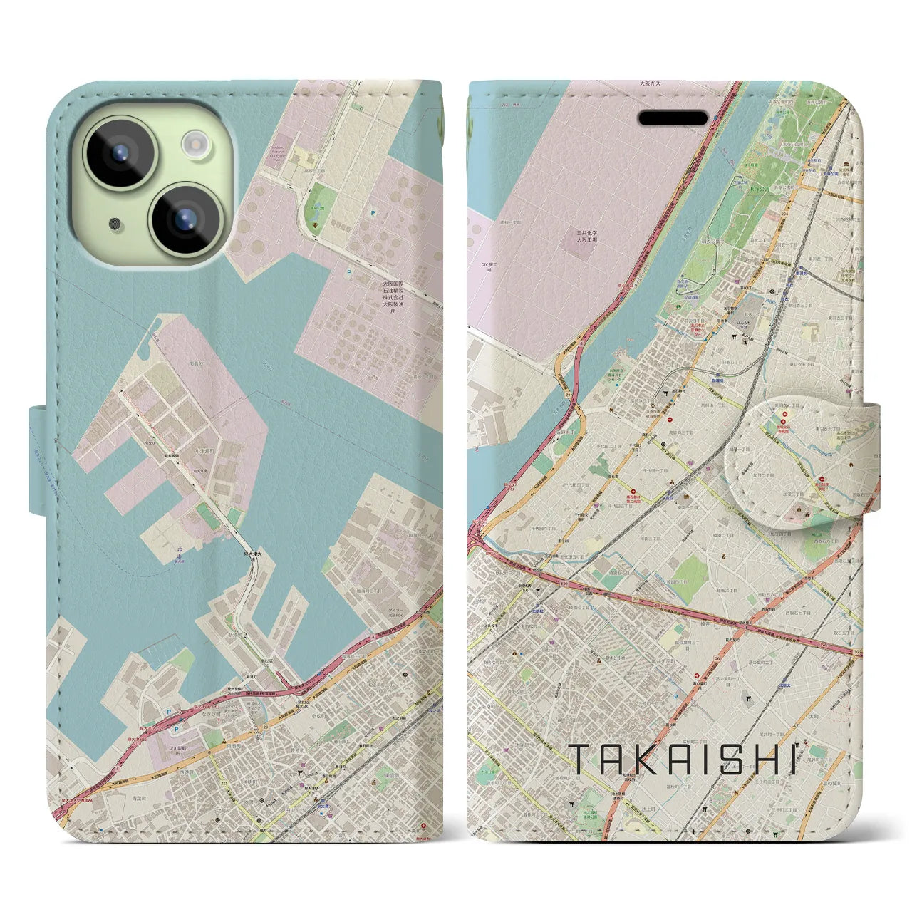 【高石(大阪府)】地図柄iPhoneケース(手帳タイプ)ナチュラル・iPhone 15 用
