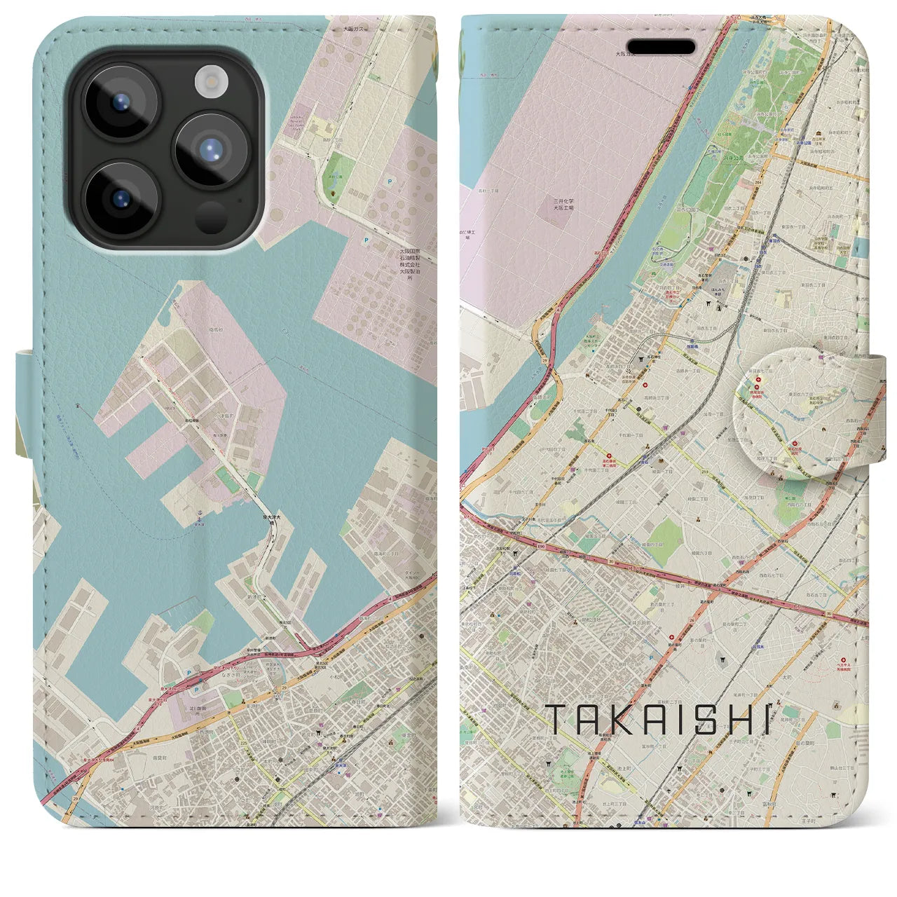 【高石(大阪府)】地図柄iPhoneケース(手帳タイプ)ナチュラル・iPhone 15 Pro Max 用
