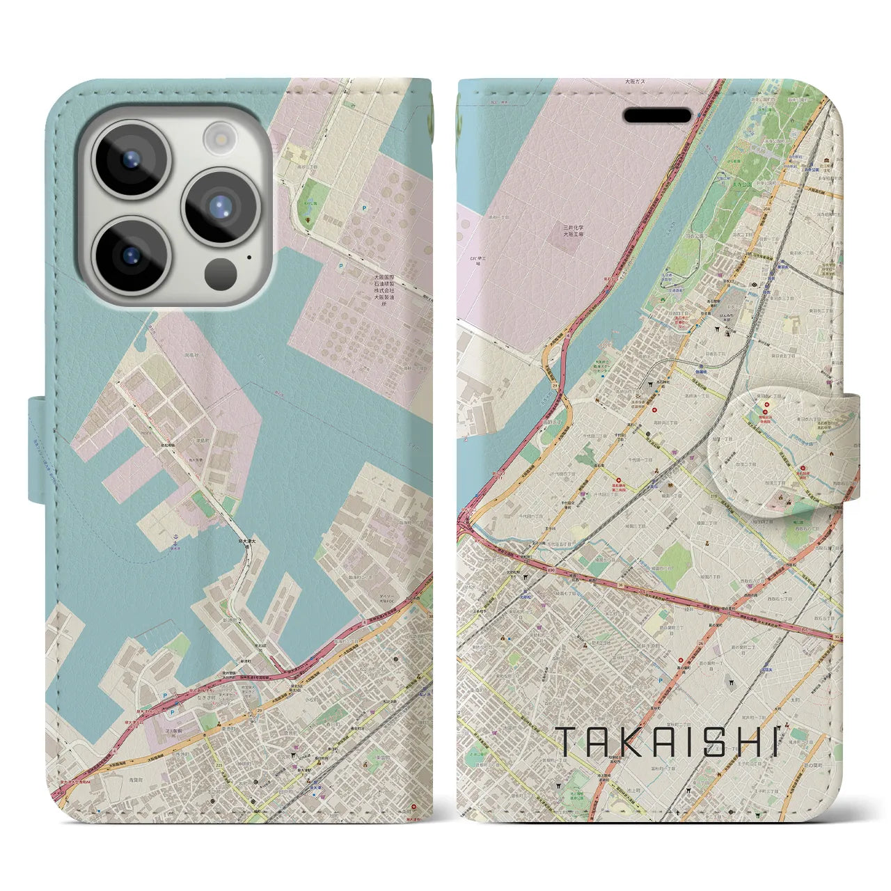 【高石(大阪府)】地図柄iPhoneケース(手帳タイプ)ナチュラル・iPhone 15 Pro 用