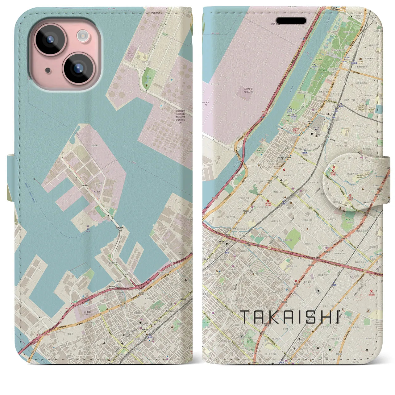 【高石(大阪府)】地図柄iPhoneケース(手帳タイプ)ナチュラル・iPhone 15 Plus 用