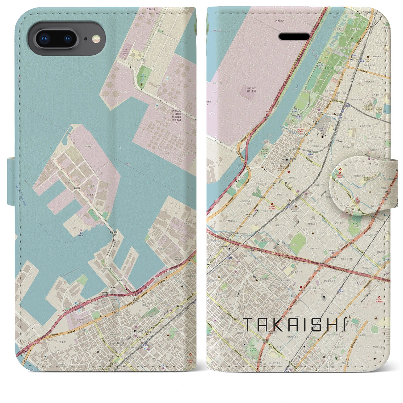 【高石(大阪府)】地図柄iPhoneケース(手帳タイプ)ナチュラル・iPhone 8Plus /7Plus / 6sPlus / 6Plus 用