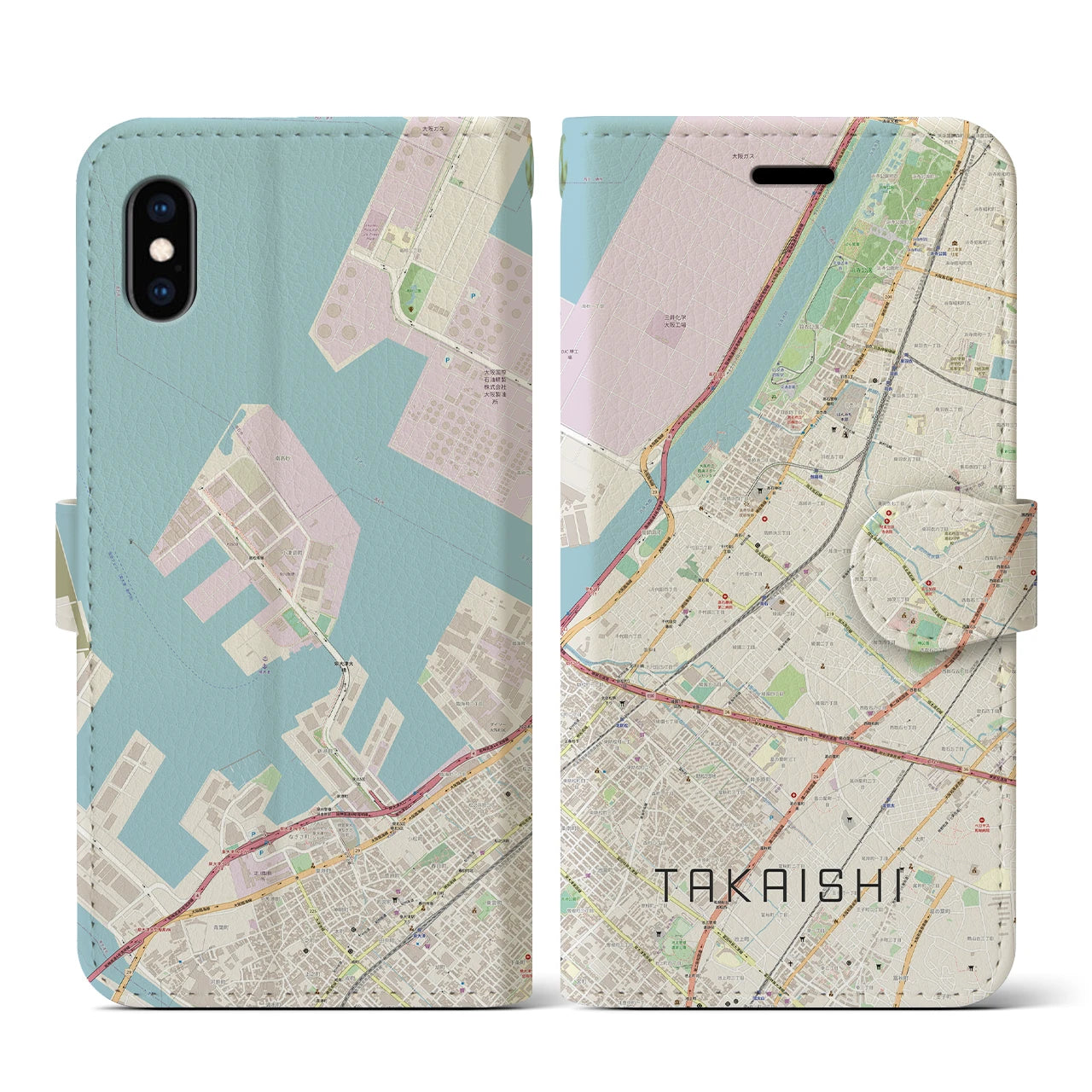 【高石(大阪府)】地図柄iPhoneケース(手帳タイプ)ナチュラル・iPhone XS / X 用