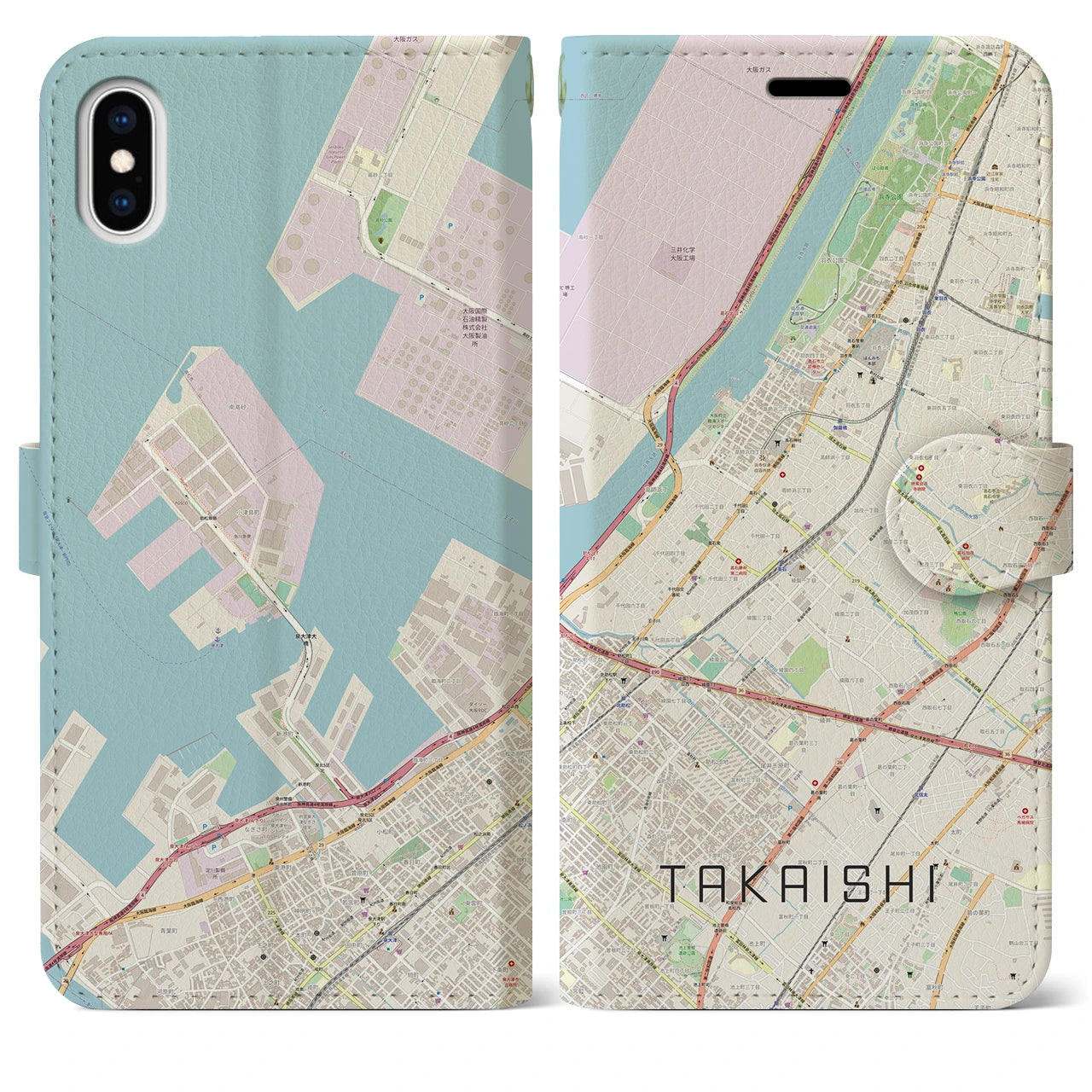 【高石(大阪府)】地図柄iPhoneケース(手帳タイプ)ナチュラル・iPhone XS Max 用