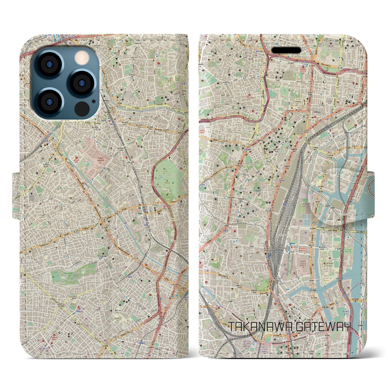 【高輪ゲートウェイ(東京都)】地図柄iPhoneケース(手帳タイプ)ナチュラル・iPhone 12 / 12 Pro 用