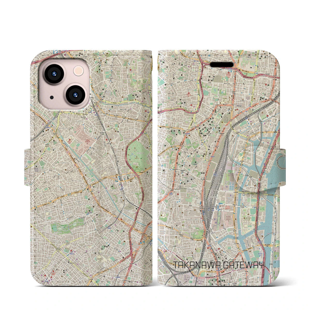 【高輪ゲートウェイ(東京都)】地図柄iPhoneケース(手帳タイプ)ナチュラル・iPhone 13 mini 用