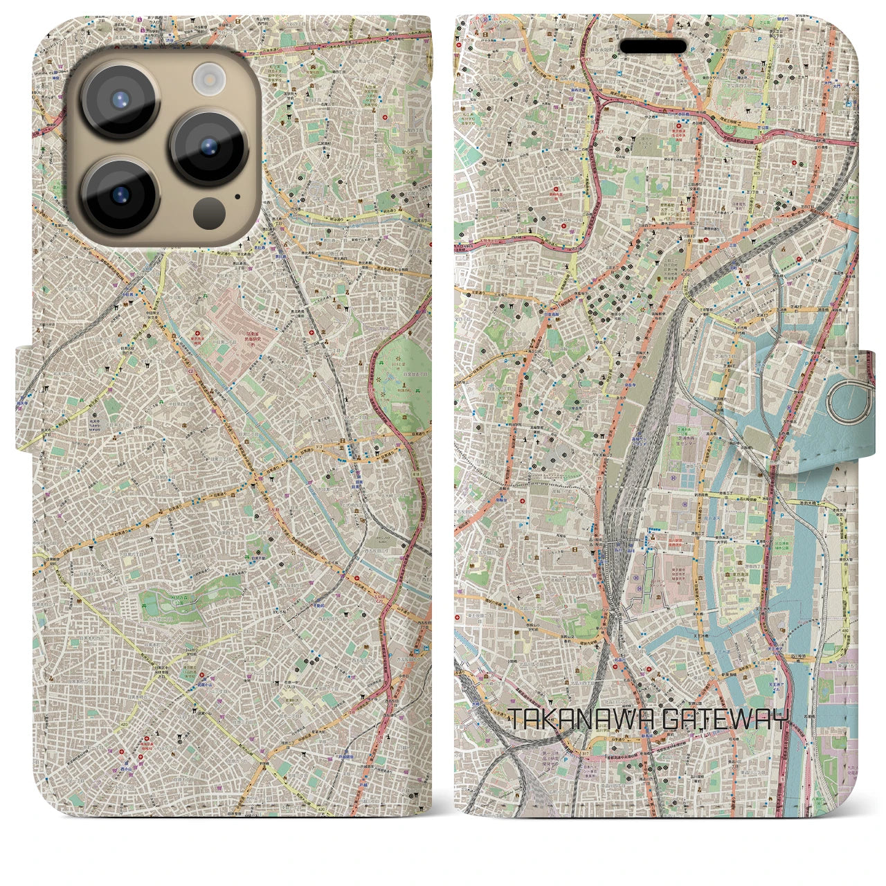 【高輪ゲートウェイ(東京都)】地図柄iPhoneケース(手帳タイプ)ナチュラル・iPhone 14 Pro Max 用