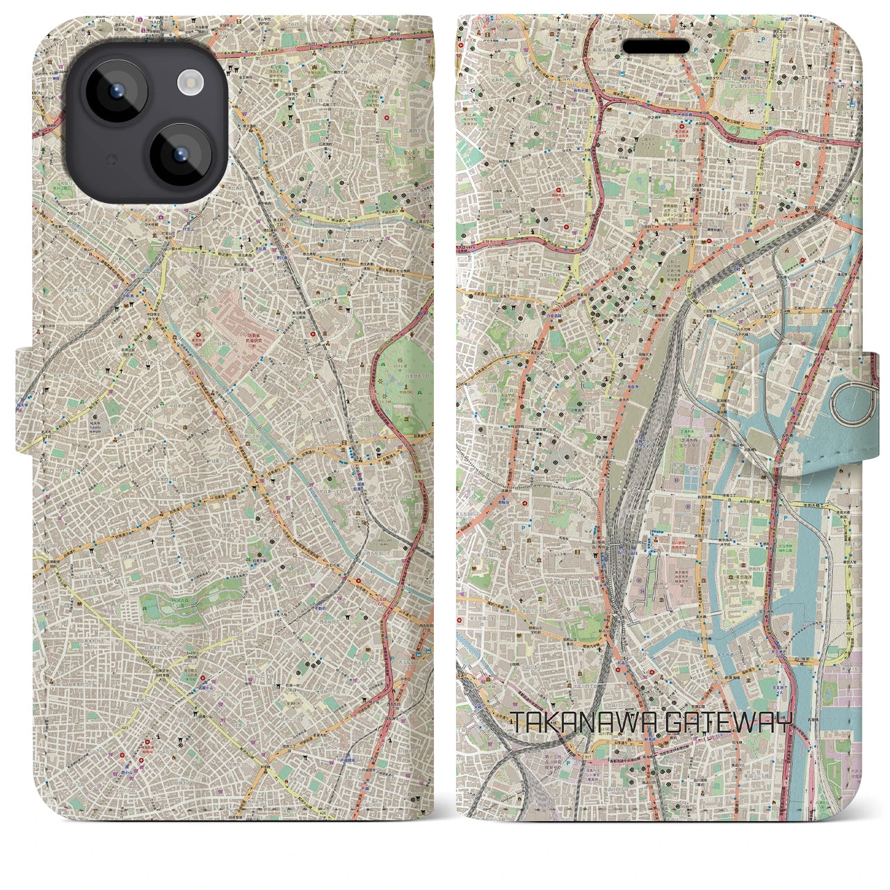 【高輪ゲートウェイ(東京都)】地図柄iPhoneケース(手帳タイプ)ナチュラル・iPhone 14 Plus 用