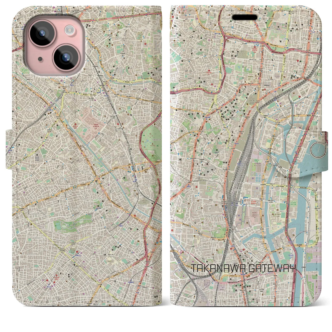 【高輪ゲートウェイ(東京都)】地図柄iPhoneケース(手帳タイプ)ナチュラル・iPhone 15 Plus 用