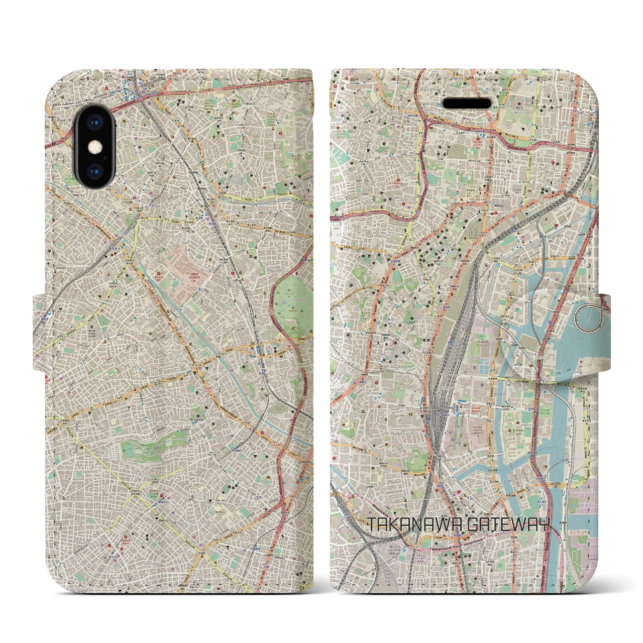 【高輪ゲートウェイ(東京都)】地図柄iPhoneケース(手帳タイプ)ナチュラル・iPhone XS / X 用