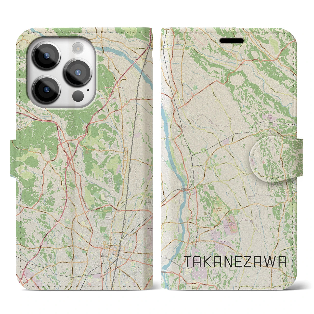 【高根沢(栃木県)】地図柄iPhoneケース(手帳タイプ)ナチュラル・iPhone 14 Pro 用