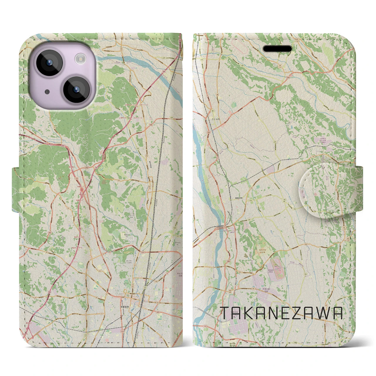 【高根沢(栃木県)】地図柄iPhoneケース(手帳タイプ)ナチュラル・iPhone 14 用