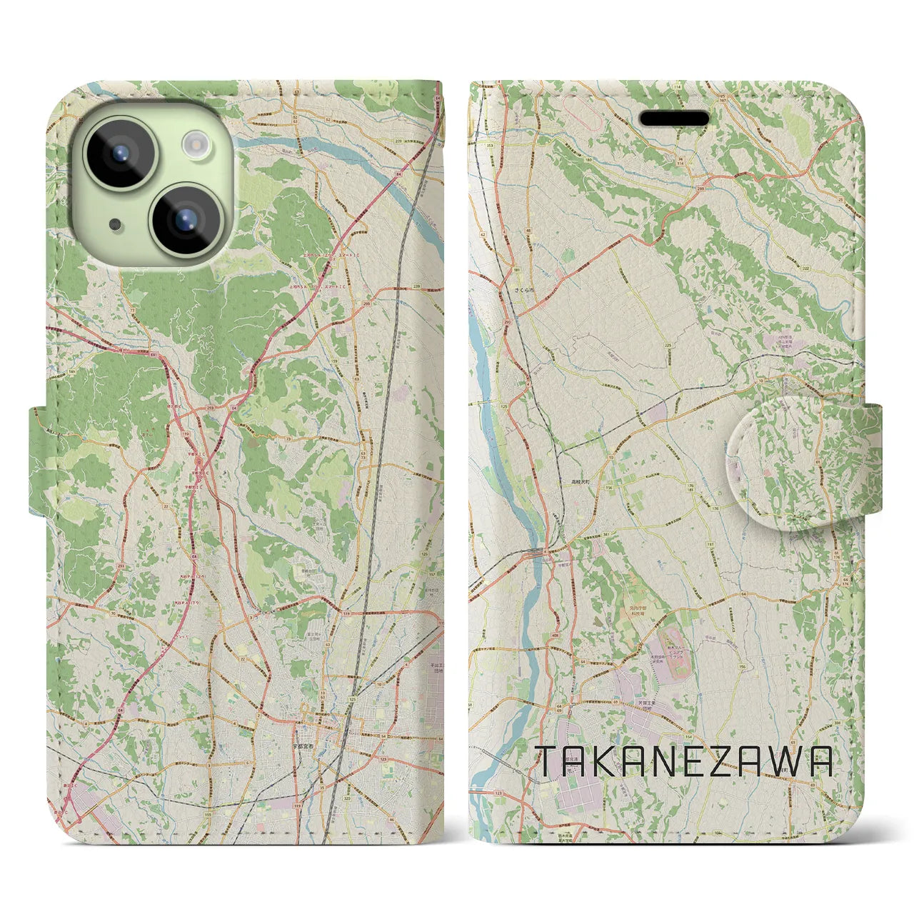 【高根沢(栃木県)】地図柄iPhoneケース(手帳タイプ)ナチュラル・iPhone 15 用