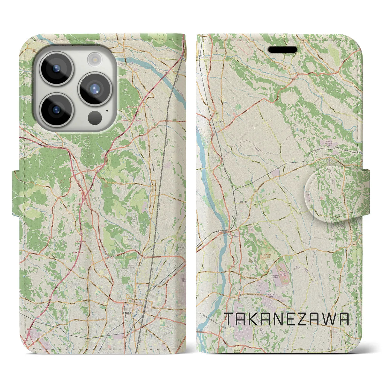 【高根沢(栃木県)】地図柄iPhoneケース(手帳タイプ)ナチュラル・iPhone 15 Pro 用