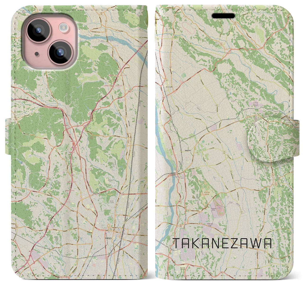 【高根沢(栃木県)】地図柄iPhoneケース(手帳タイプ)ナチュラル・iPhone 15 Plus 用