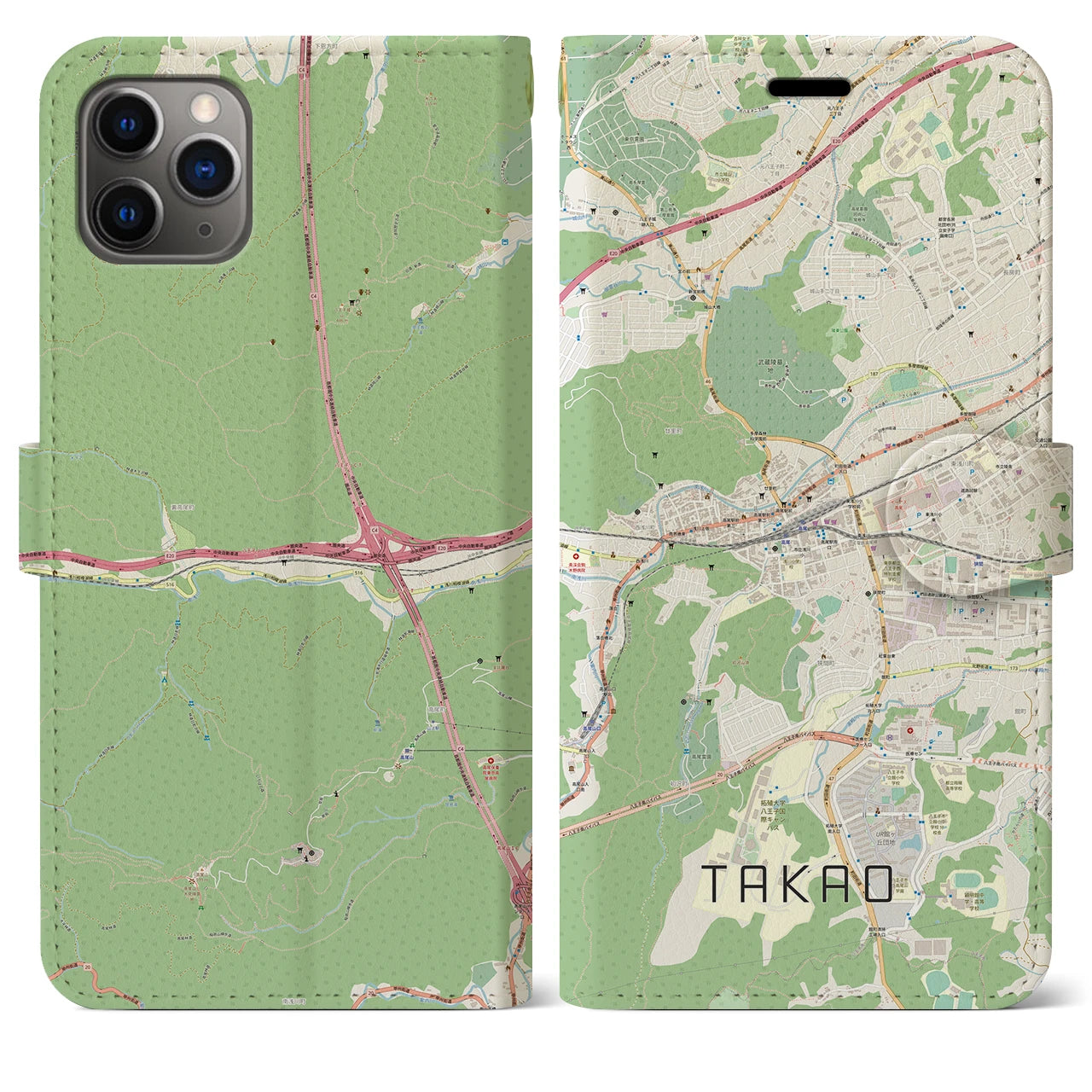 【高尾(東京都)】地図柄iPhoneケース(手帳タイプ)ナチュラル・iPhone 11 Pro Max 用