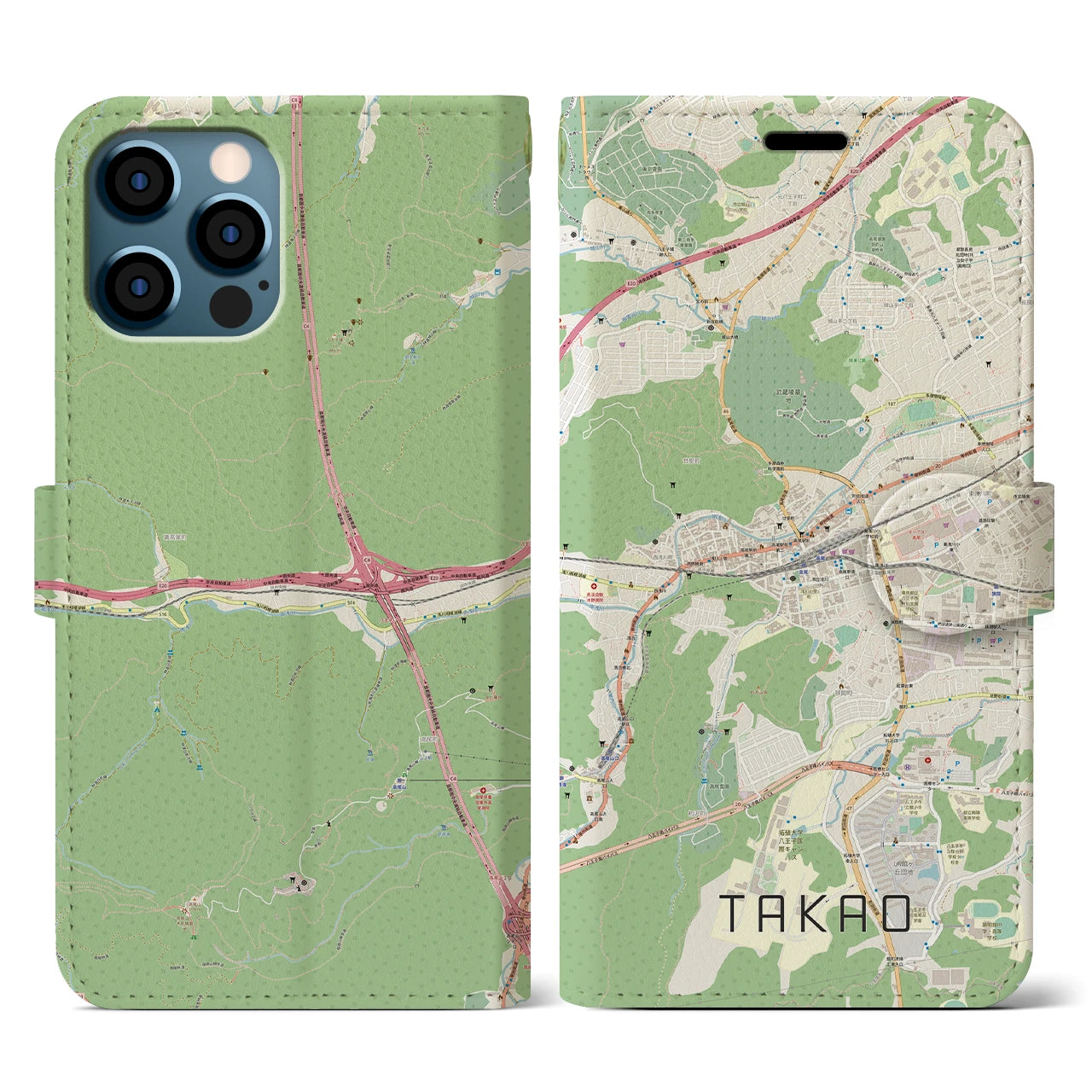 【高尾(東京都)】地図柄iPhoneケース(手帳タイプ)ナチュラル・iPhone 12 / 12 Pro 用
